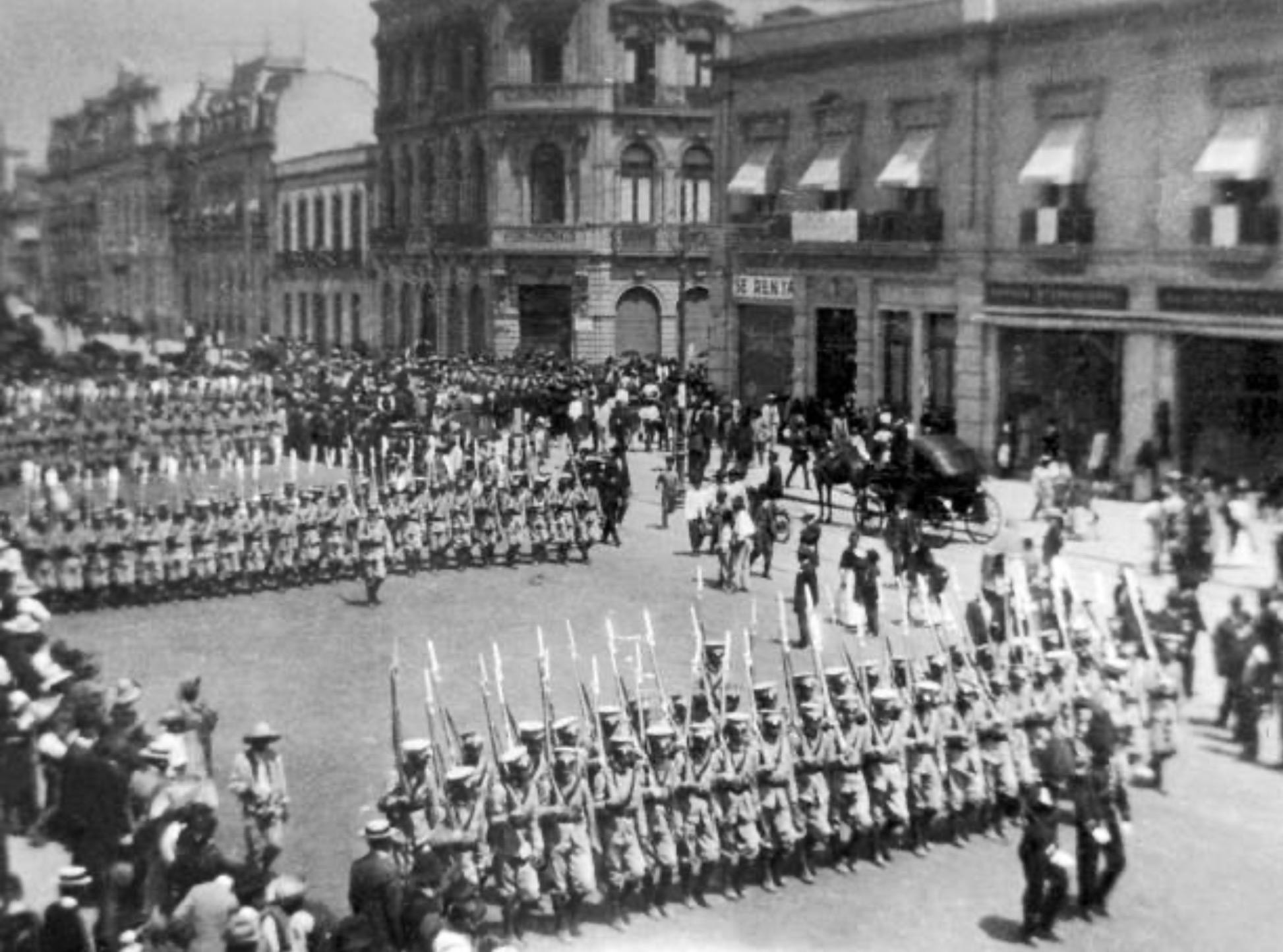 A military parade in the Juan Square of Botai during Revolution Day, circa 1929.