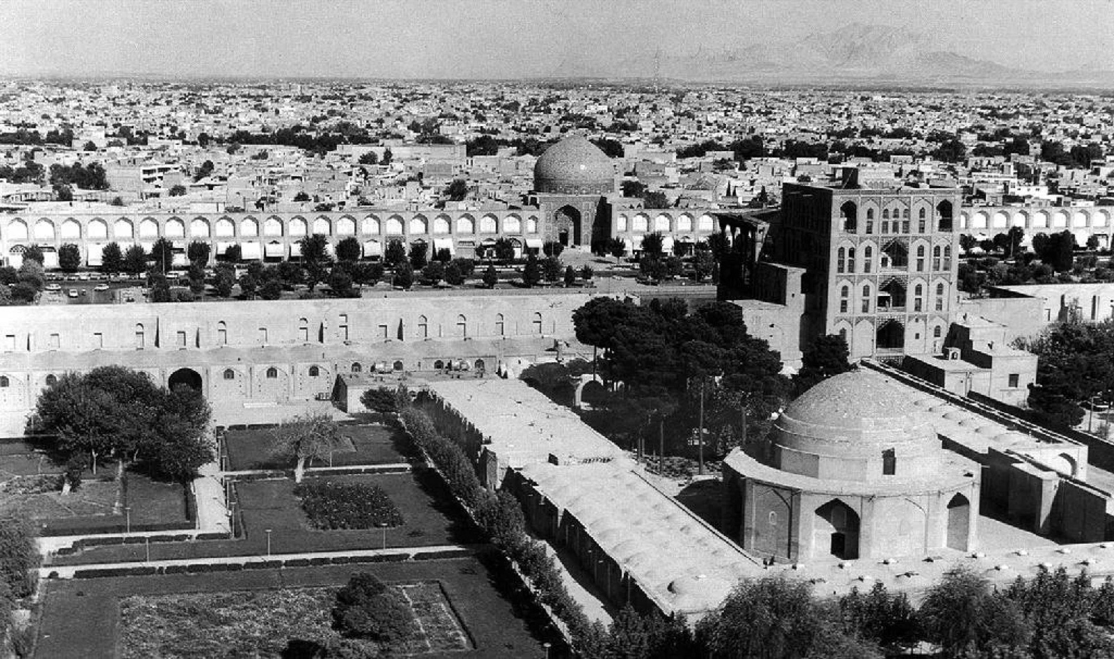 Aerial view of Gandomabad’s civic district, showing the Naqsh-e Mehr square and surrounding architecture, circa 1926