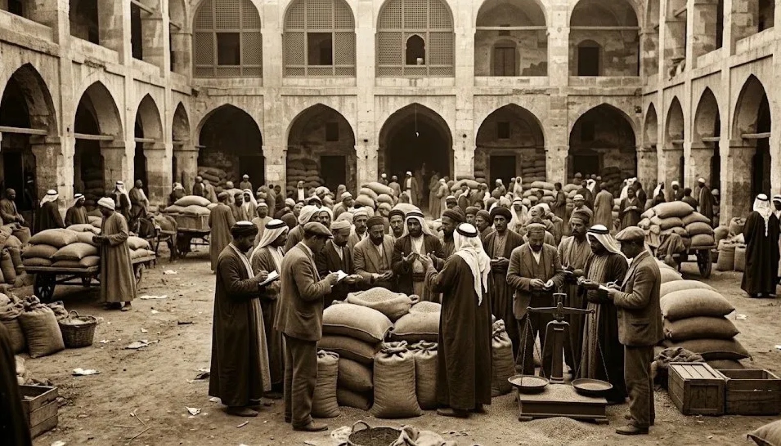 Merchants at the Sabzavar grain exchange, the federation’s primary agricultural pricing center, circa 1928