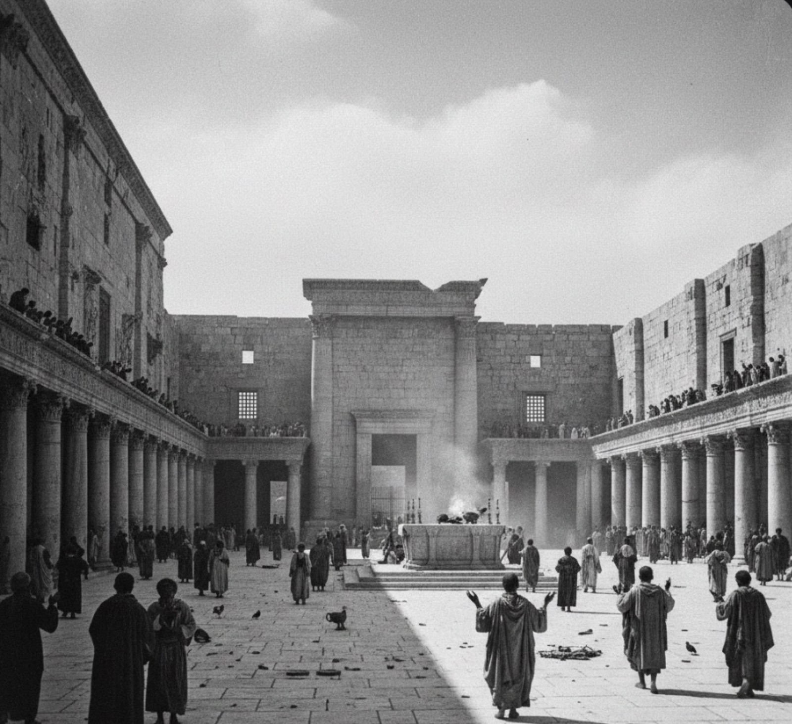 An 1906 image of a congregation facing the outer gate of the Hasmonean Temple.