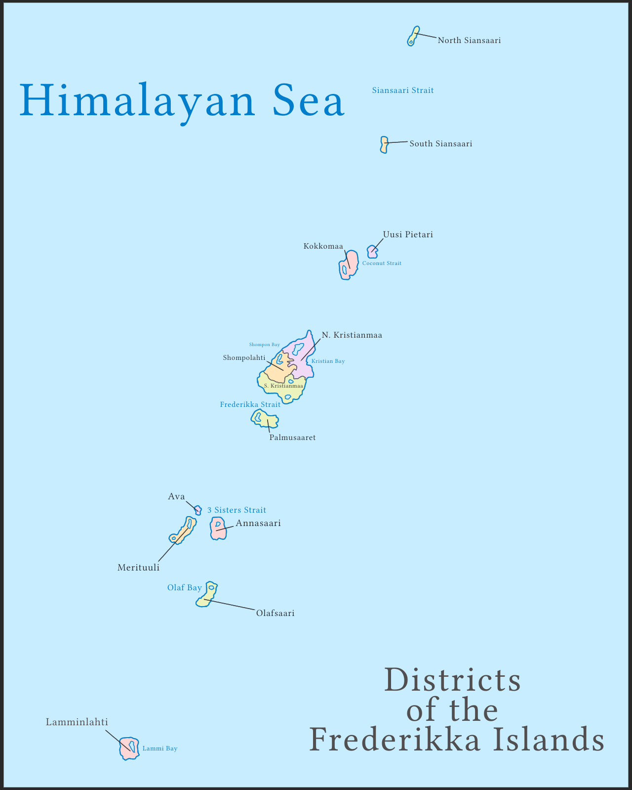 Map of the 13 districts of the Frederikka Islands