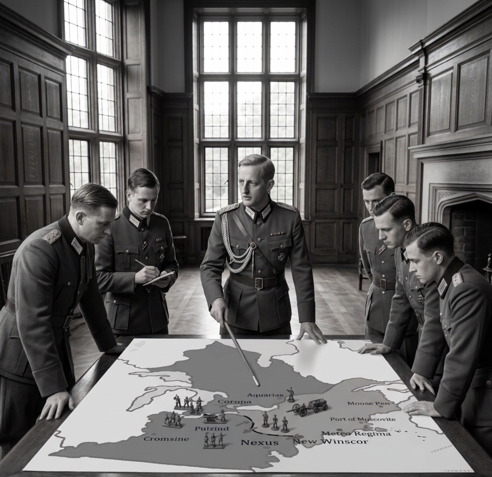 Elwood instructing junior division commanders of the current situation on the front, circa 1921.