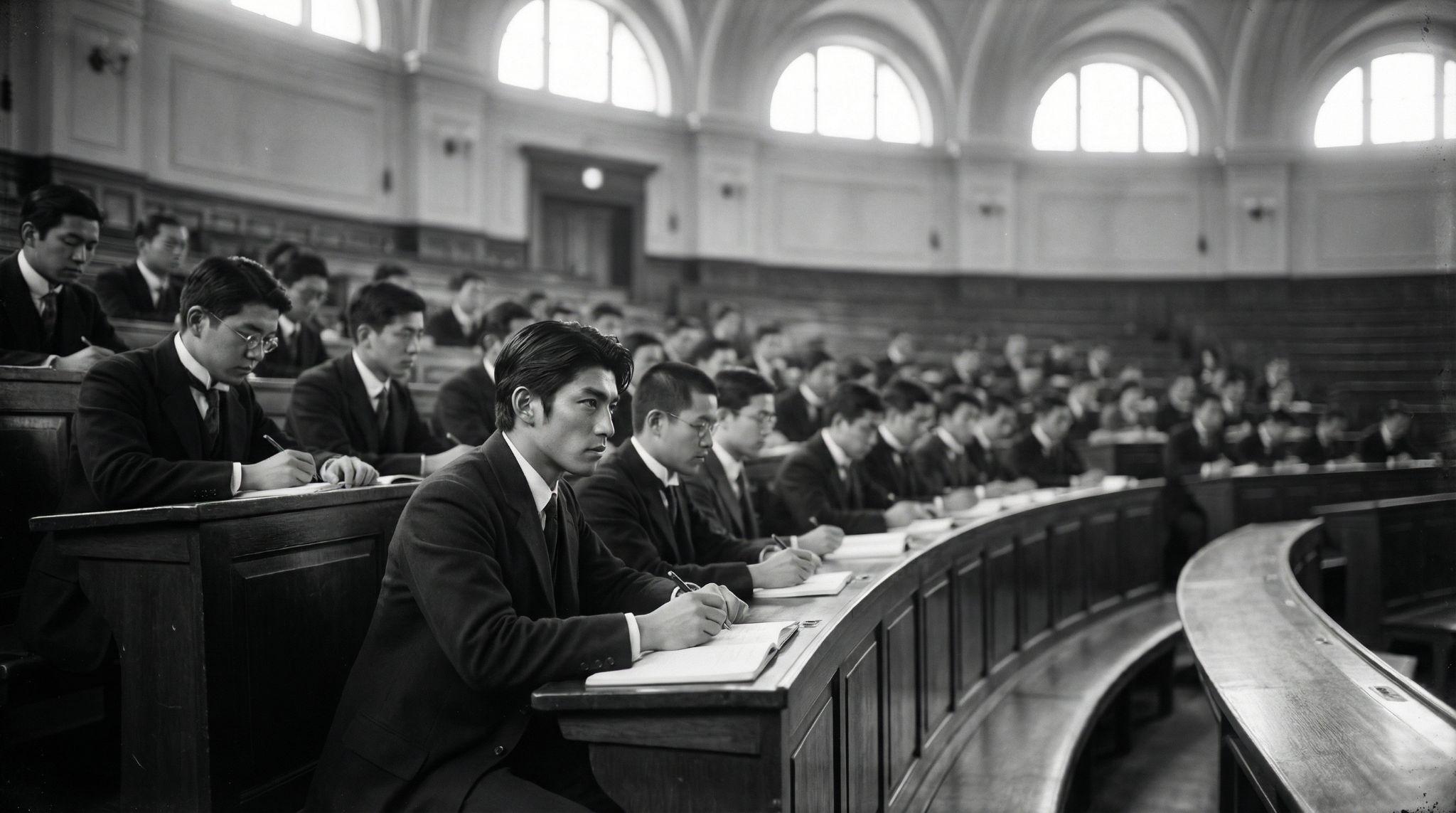 Masashi (first row, far left) attending a lecture at Takarazuka Imperial University, c. 1915.