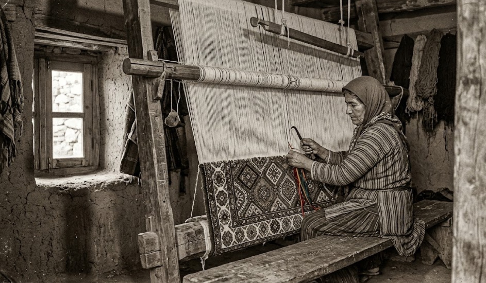 A carpet weaver from the Nourestani plateau, circa 1925