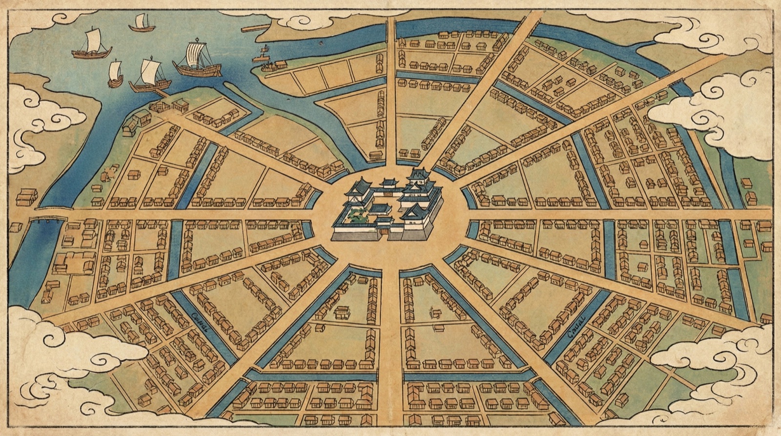 Woodblock print (ukiyo-e) depicting an aerial view of late 17th-century Shinkeisei