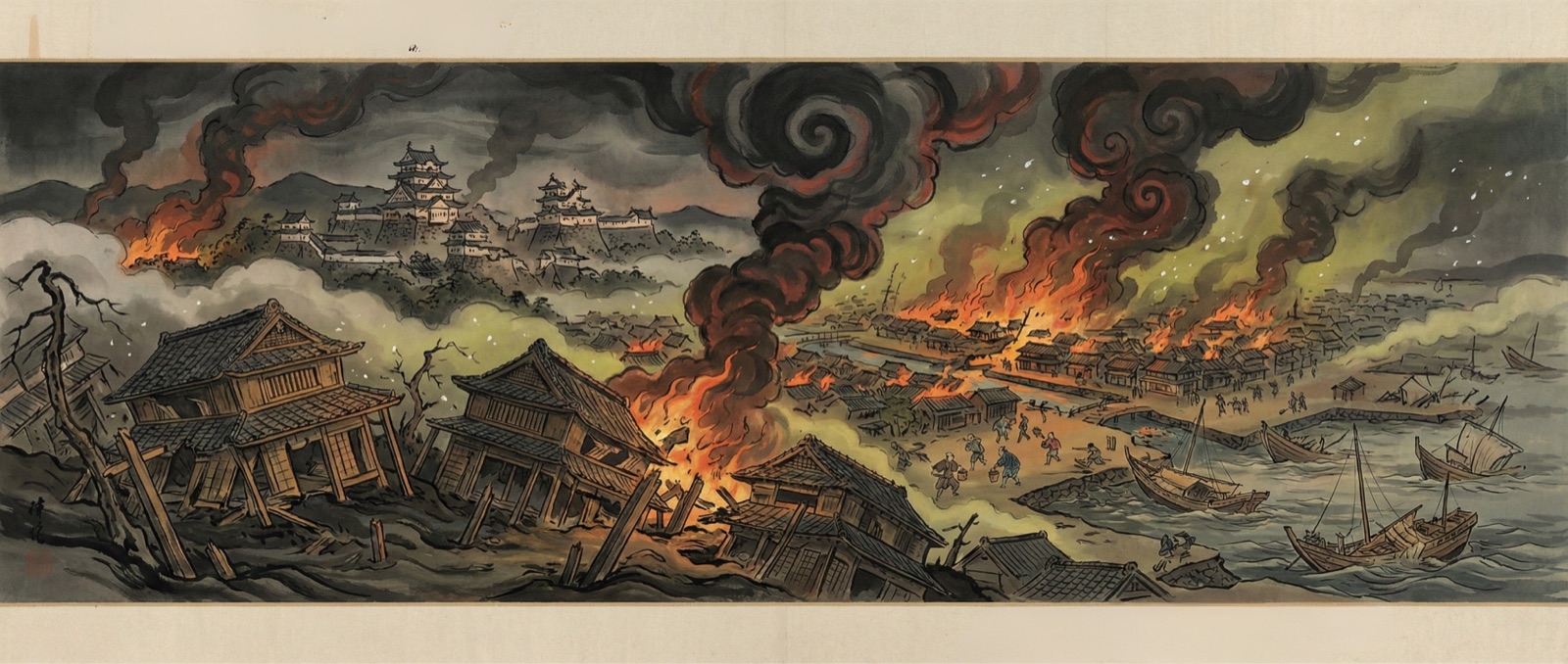 The Day Shinkeisei Stood Still by Saburo Konoe, depicting the Senpan Bay Earthquake and the ensuing firestorm