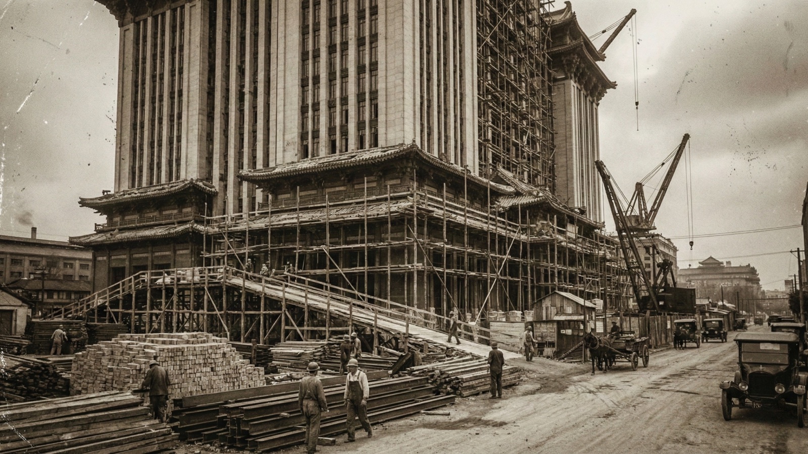 Tsukumo Tower during construction in Tetsuhama Ward, c. 1910